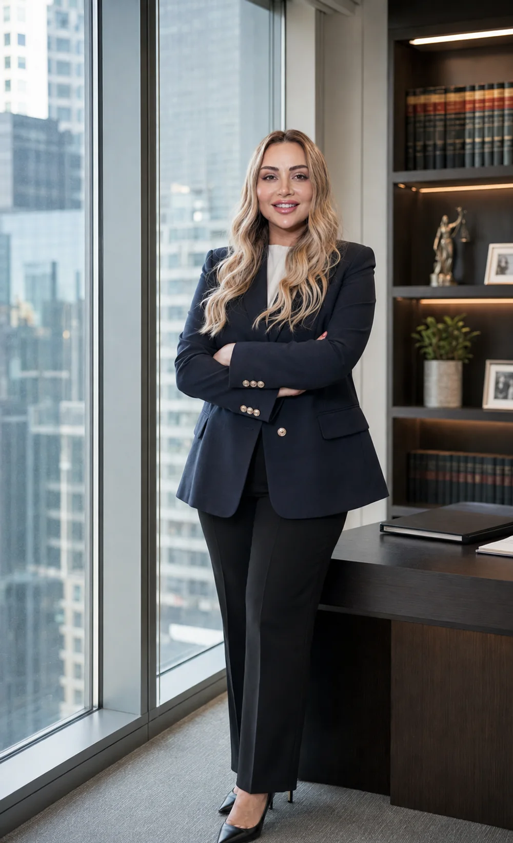 Sahra Düzgün Tucel, full-length portrait by an office window